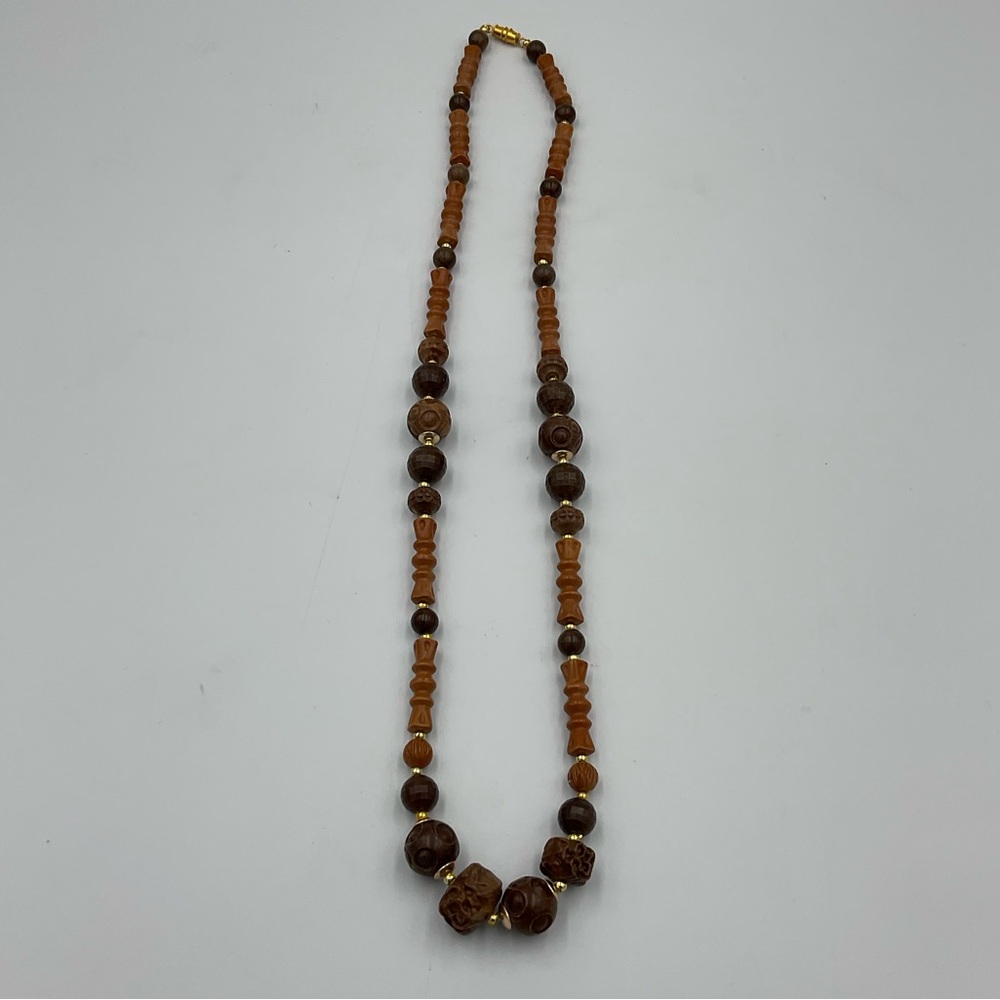 Vintage Fashion Necklace with Faux Wooden Beads and Gold Accents